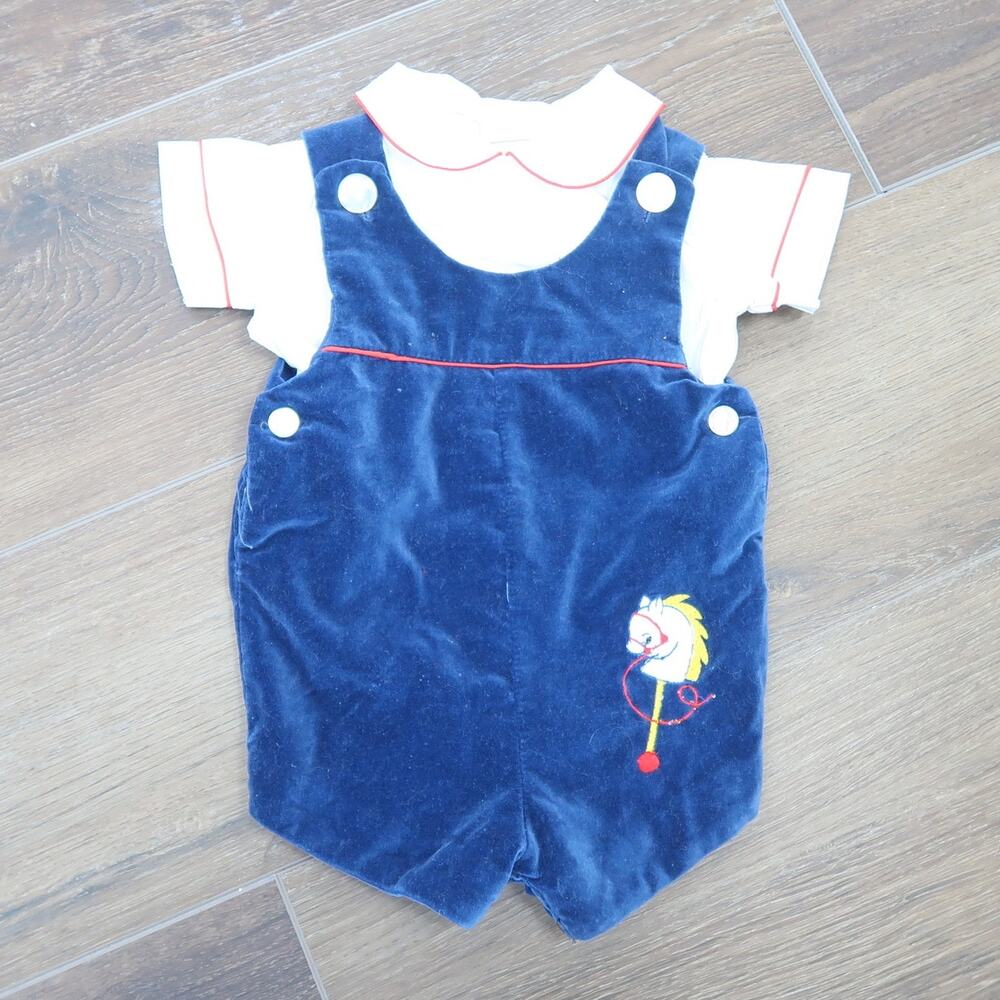 Vintage 80s Baby Boy Blue Velvet Romper and Shirt Two Piece Set 3-6 Months